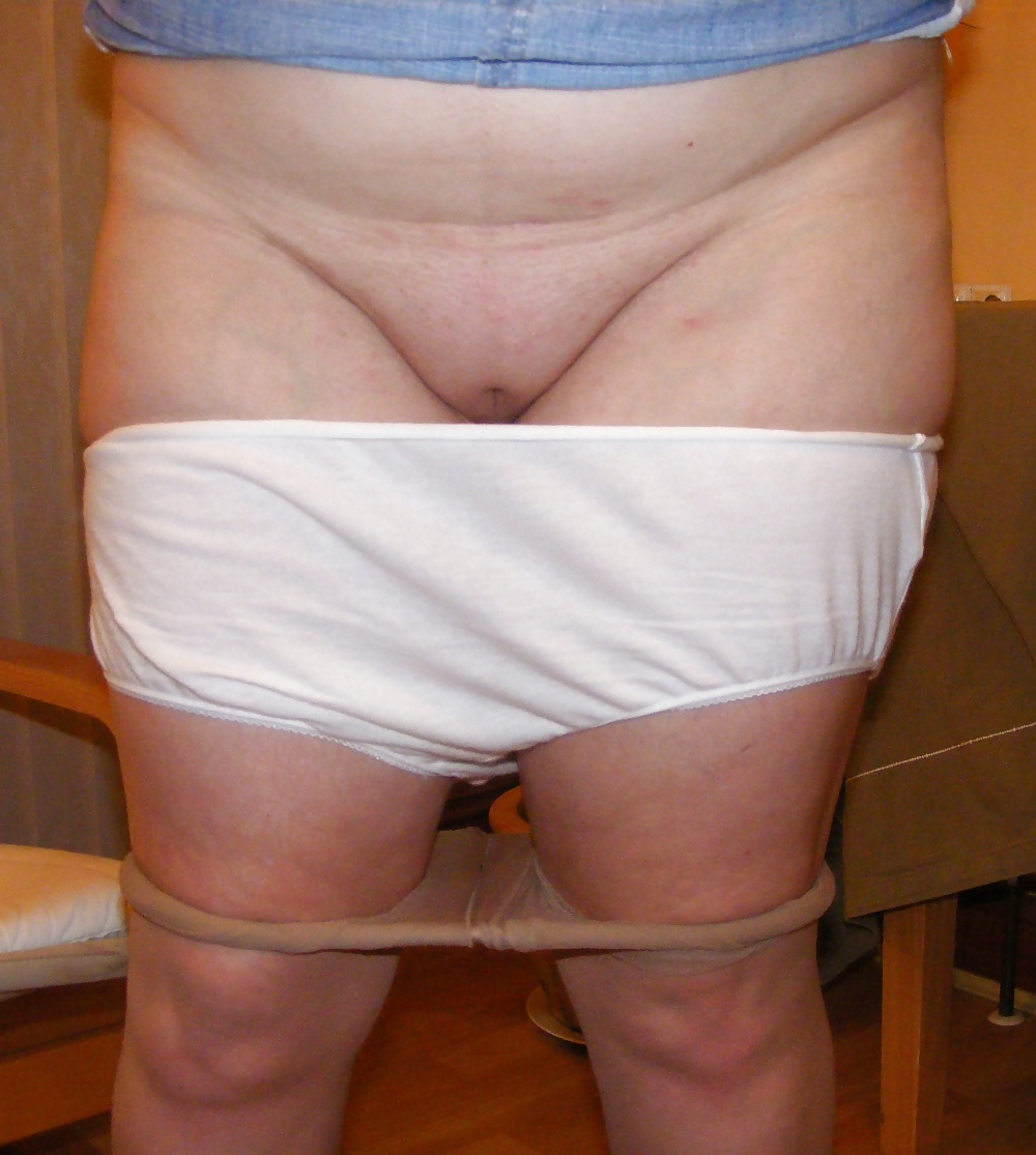 XXX Tights, denim skirt, and big white knickers