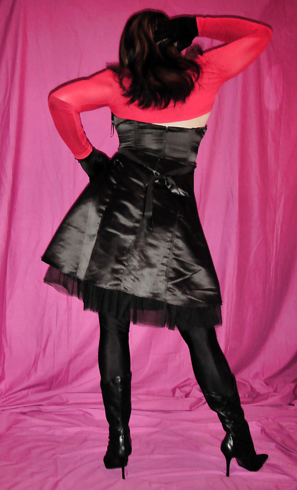 XXX Black spandex suspender tights, satin dress and red knickers