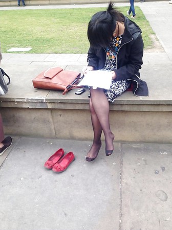 Candid Tasty Feet in Tights Pantyhose + Red Flats