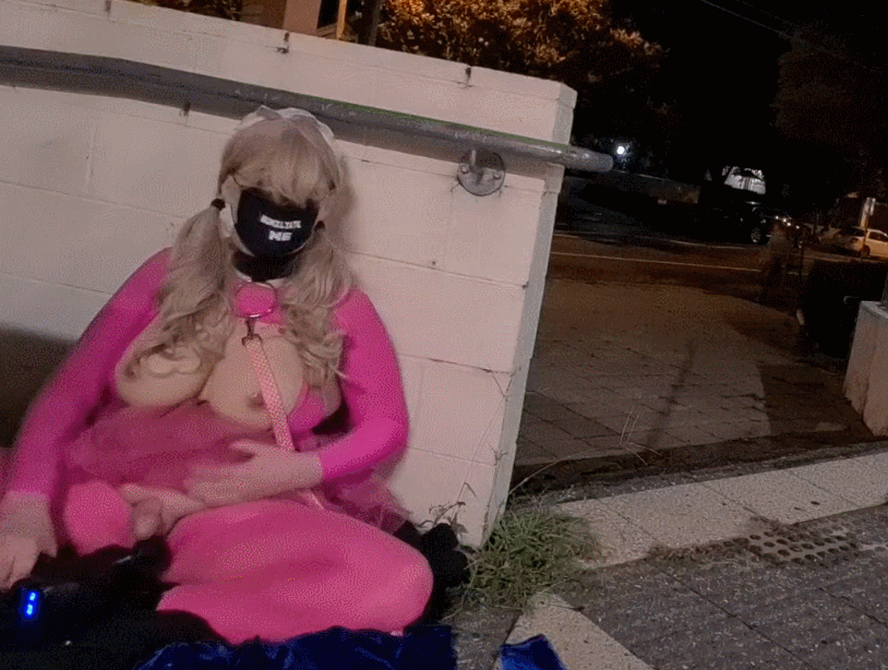Pink leashed sissy in public #13