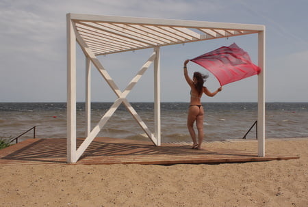 red shawl on windy weather         