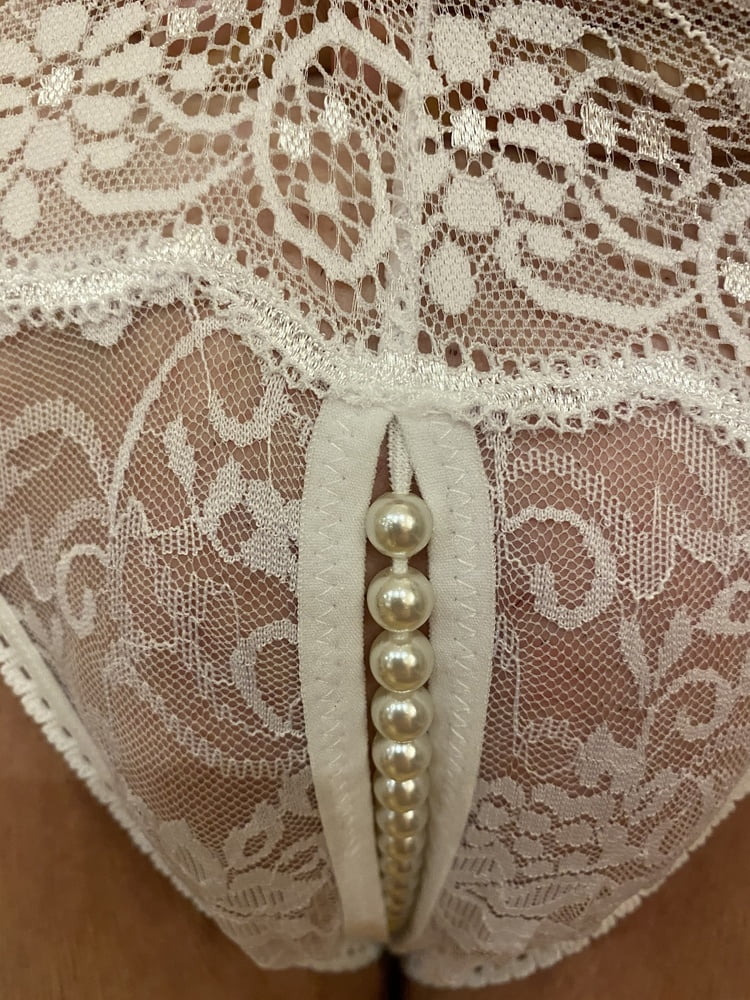 Pearl crotchless thong on bald pussy For Sale - 4 Photos 