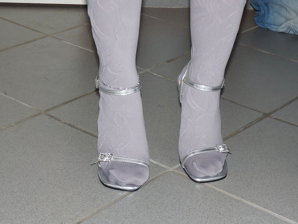 XXX Wifes shiny silver sandals heels pantyhose