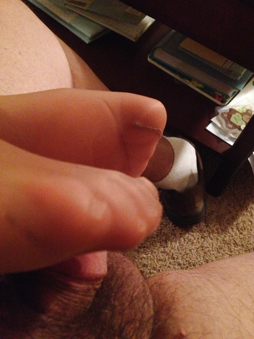 XXX Pantyhose footjob with cum on feet from wife