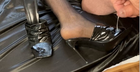 cum on black high heel mules         